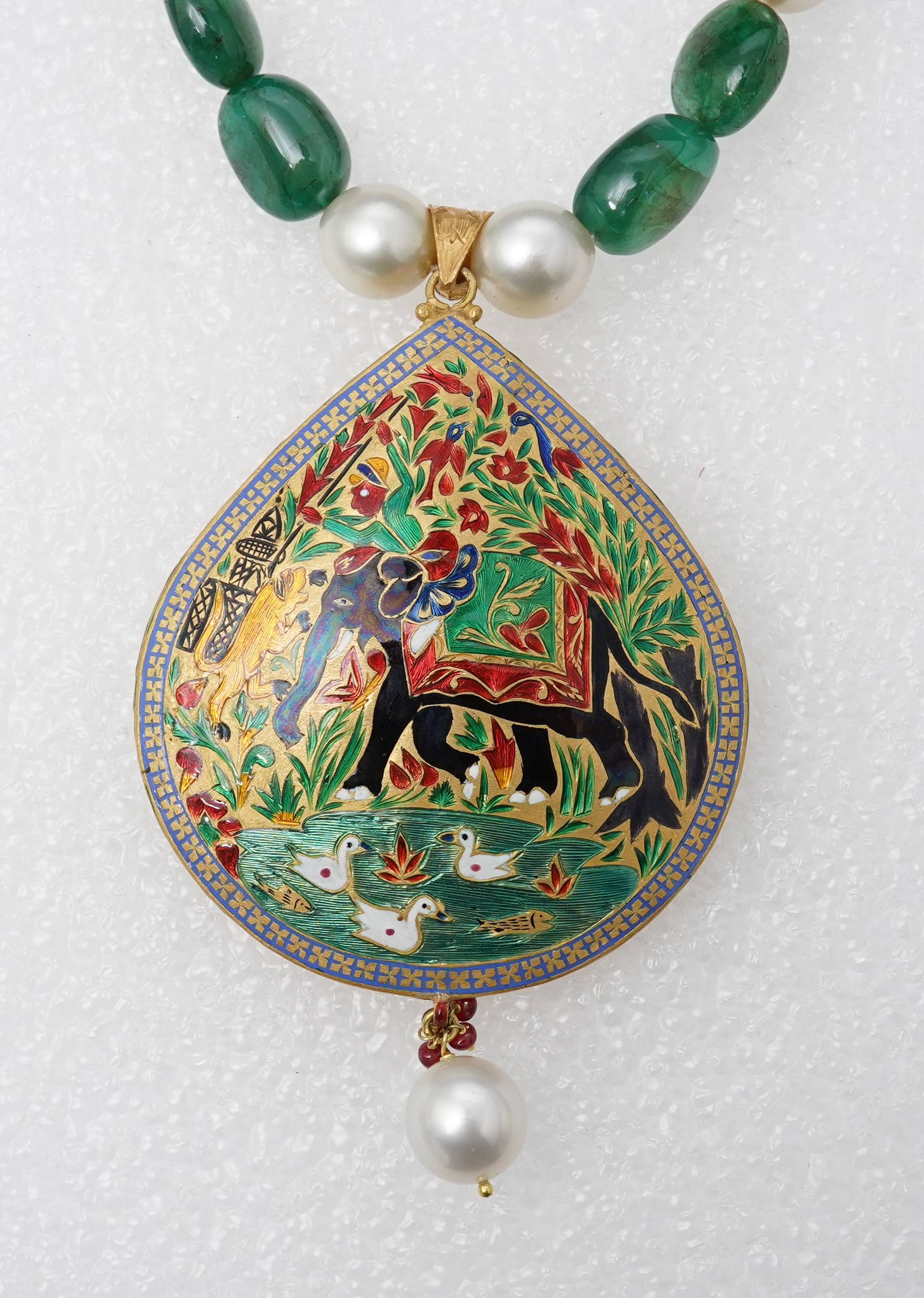 An emerald, ruby, enamel, cultured pearl and diamond demi-parure, India